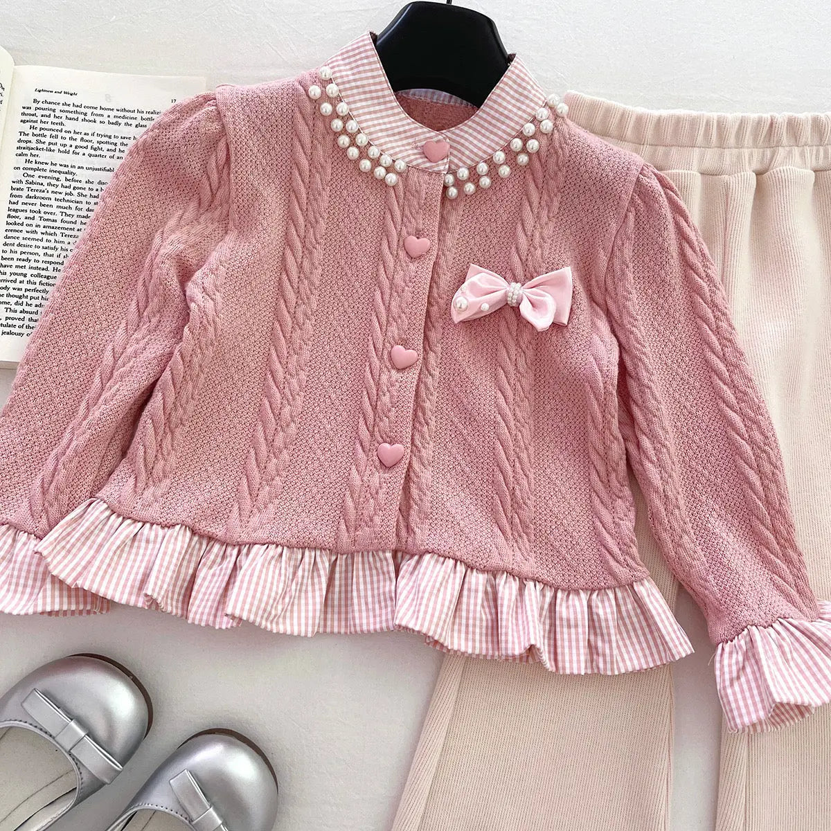 Girls Pink Knit Top & Ruffle Pants Set with Bow Detail