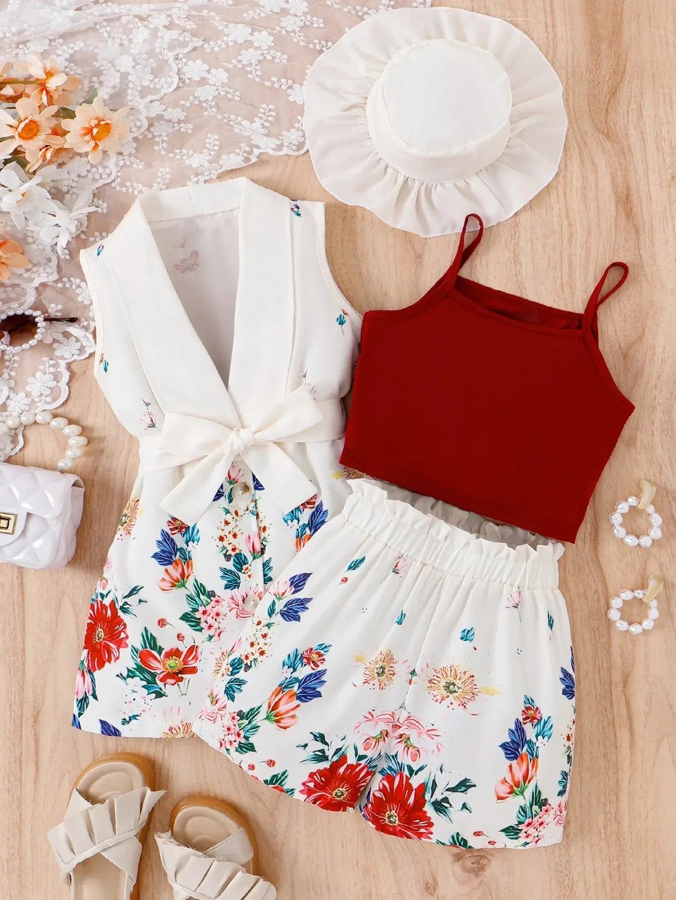 Girls White Floral Printed 4 Pcs Set