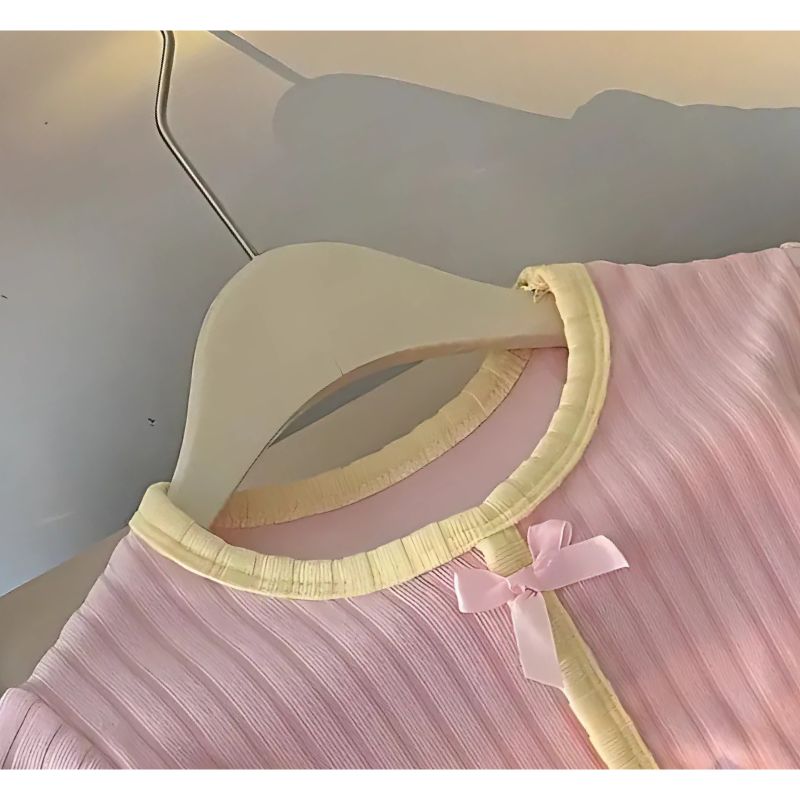 Pink Ribbed Patterned Bow Girls Top