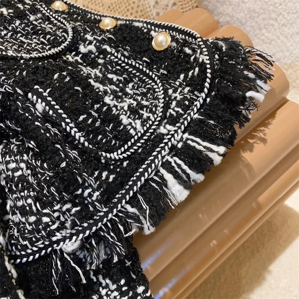 Girls Black Tweed Coat With Trousers 2 Pcs Set