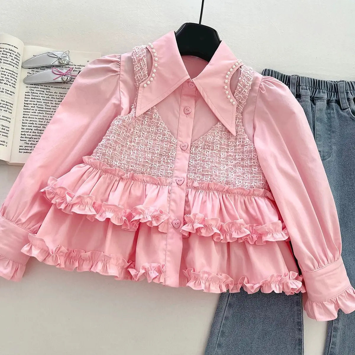 Girls Pink Ruffle Shirt And Denim Set