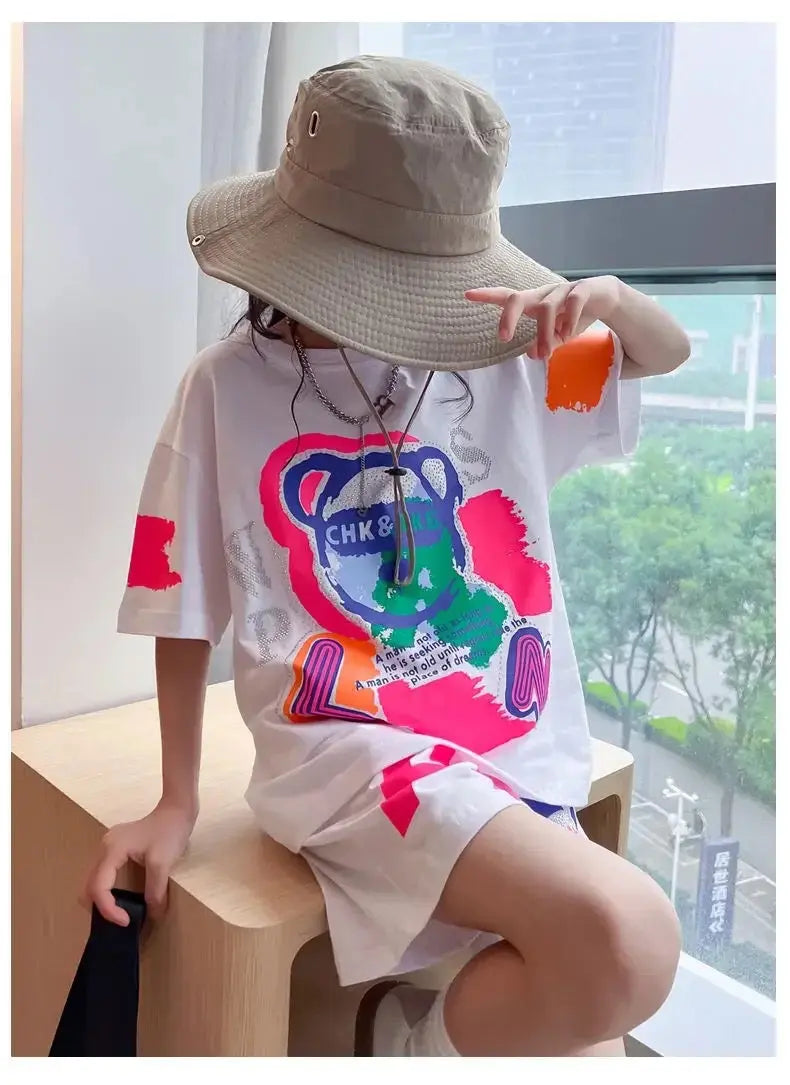 Girls White Printed Summer Co-ord Set