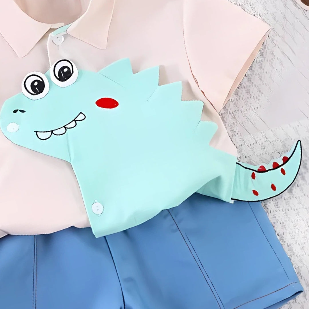 3D Dino Boys Collared T-shirt and Bottom Set