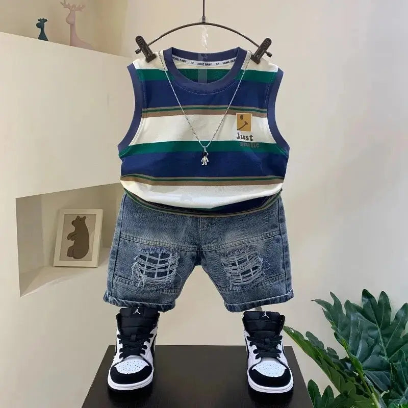 Boys Striped T-shirt And Ripped Shorts Set