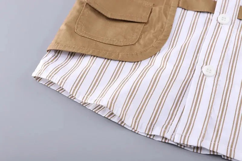 Boys Striped Suspender Shirt With Khaki Shorts