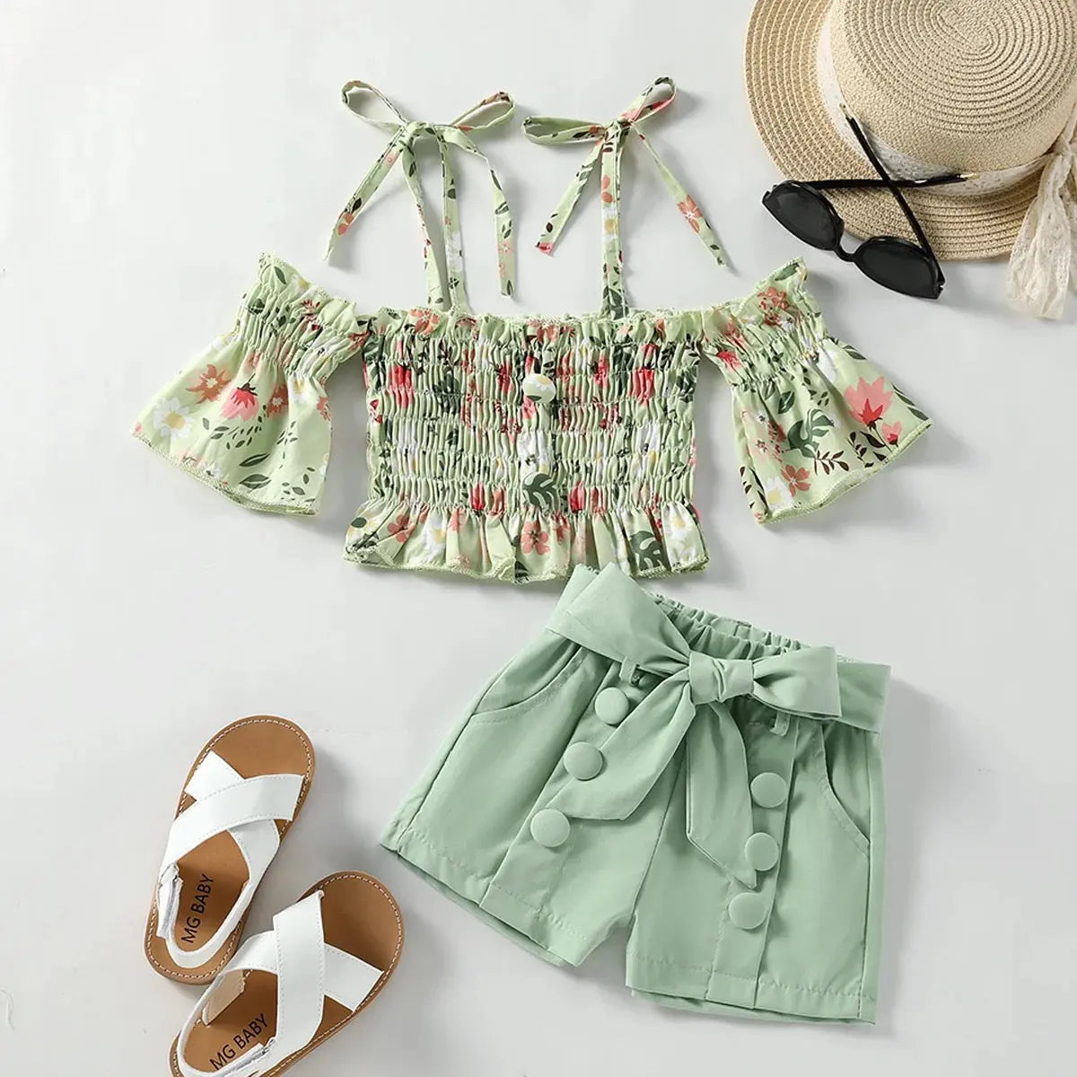 Girls Green Off Shoulder Crop Top And Shorts 2 Pcs Set