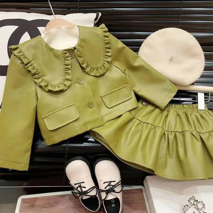 Girls PU Jacket And Skirt 2Pcs Set
