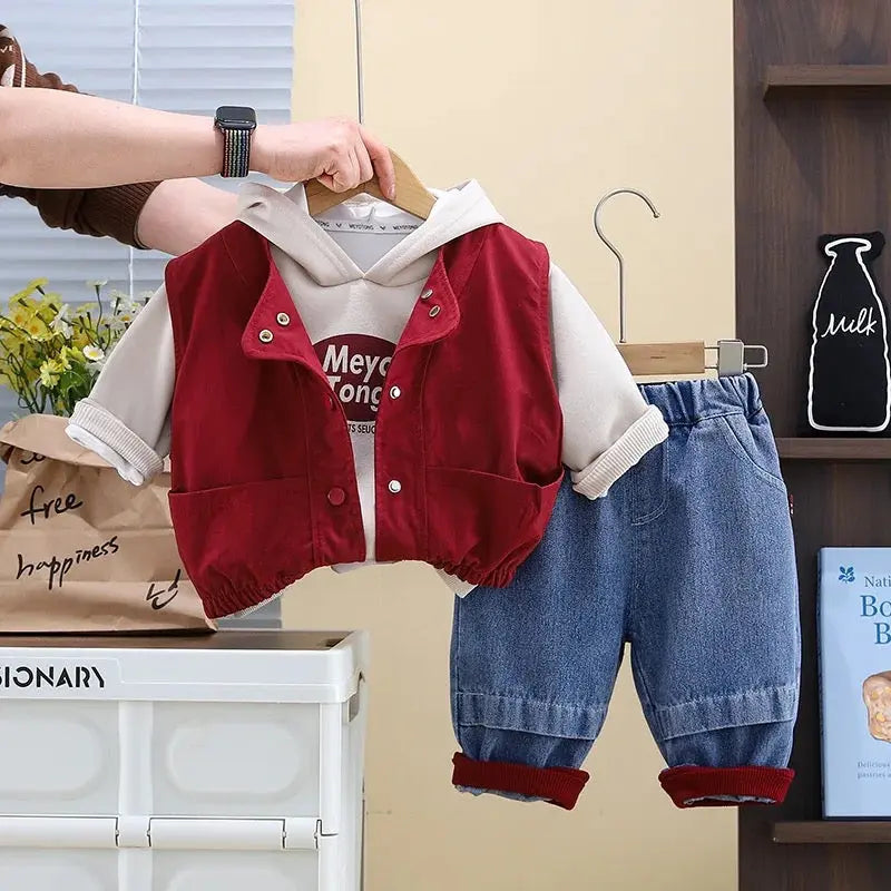 Boys Red Jacket, Hoodie And Jeans Set