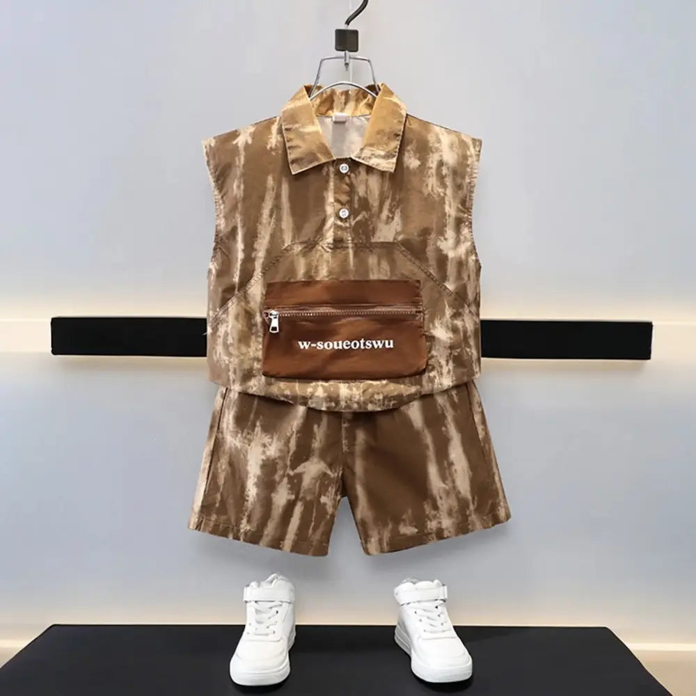 Boys Brown Sleeveless Shirt & Shorts Set with Zipper Pocket