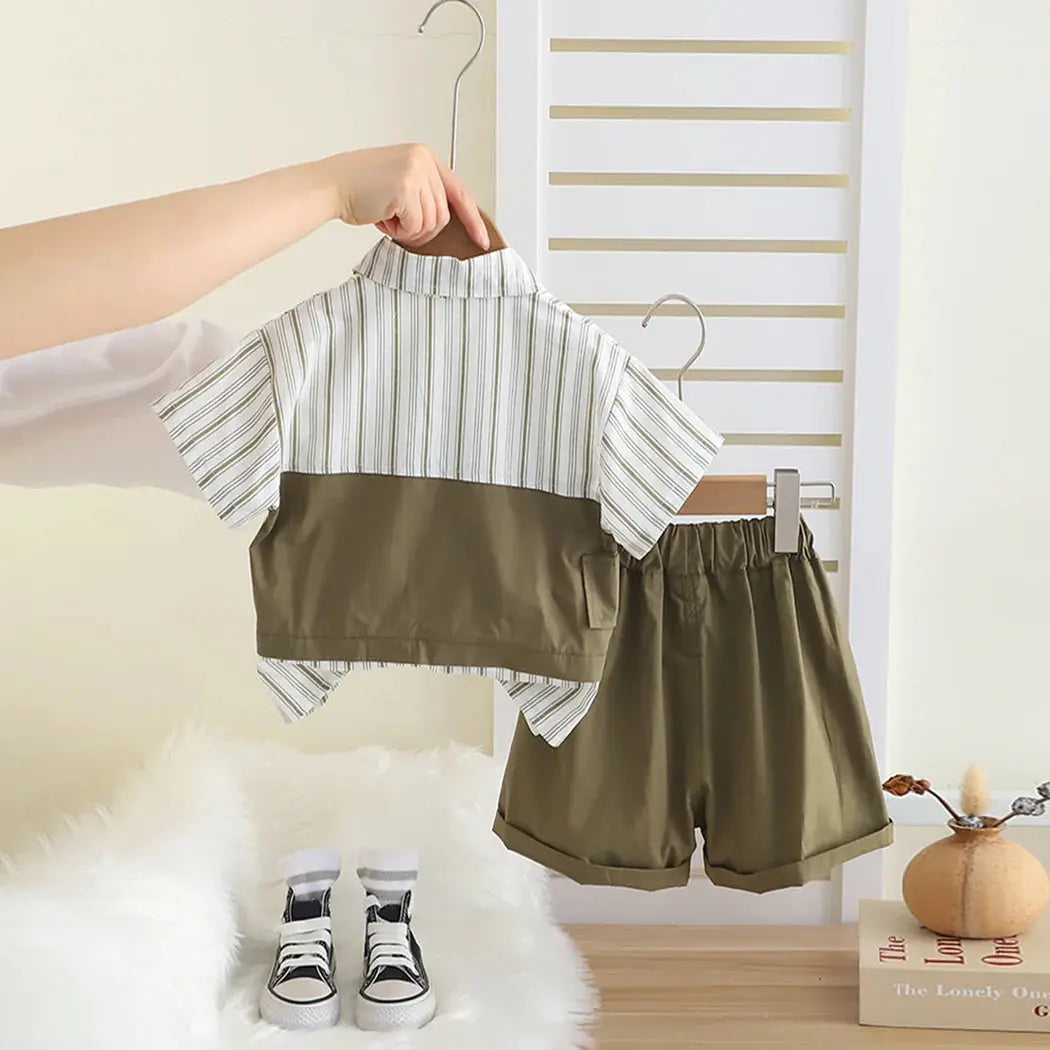 Boys Striped Shirt, Graphic T-shirt And Shorts Set