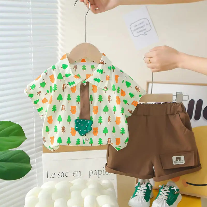 Boys Printed Shirt With Brown Shorts