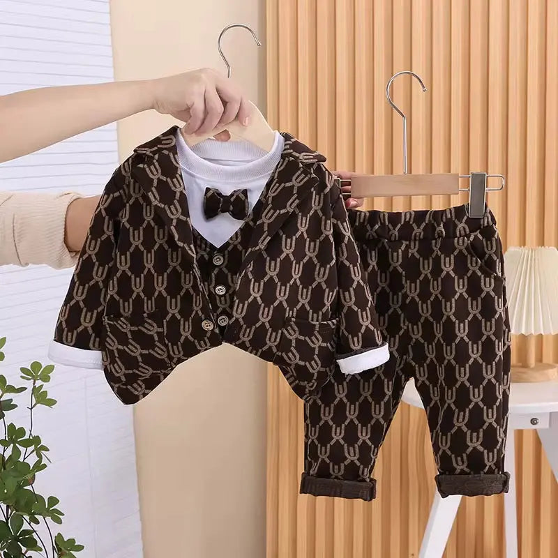 Boys Elegant Monogram Brown Suit