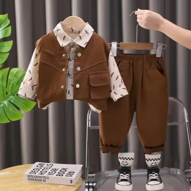 Boys Little Explorer 3-Piece Set – Brown Jacket, Shirt & Joggers