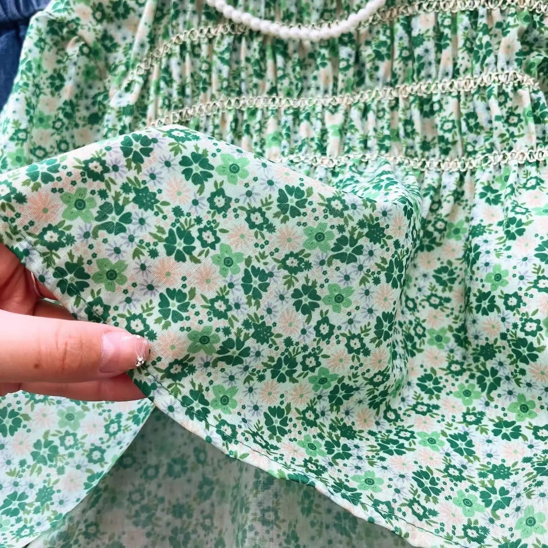 Girls Green Vintage Floral Top With Jeans