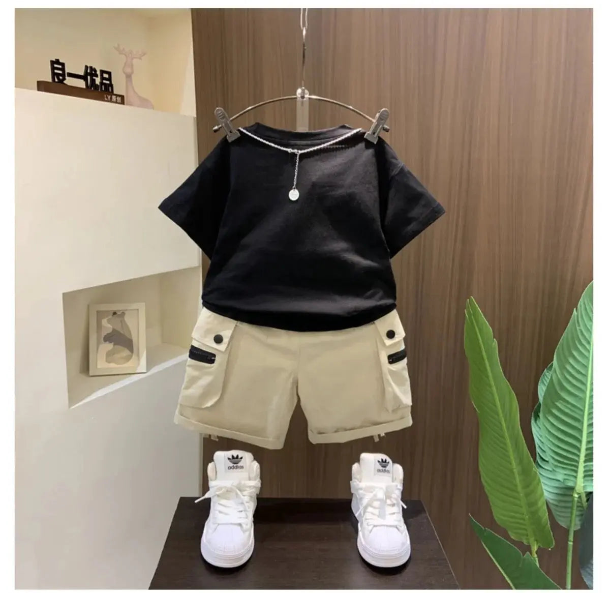 Boys Printed Black T-Shirt With Beige Shorts