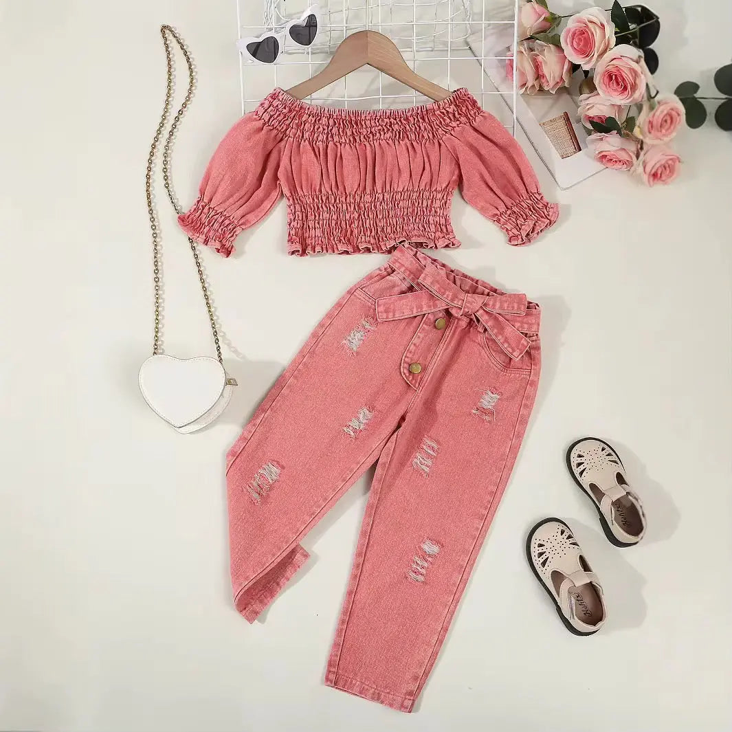 Girls Off-shoulder Top And Rugged Jeans Co-ord Set