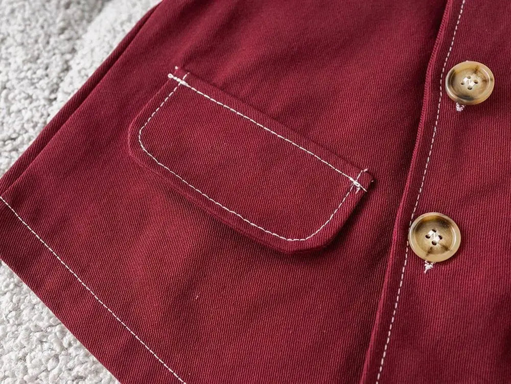 Boys Maroon Striped Shirt With Teddy Attached Coat And Trouser 3 Pcs Set