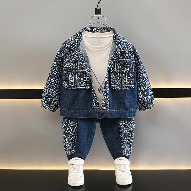 Boys Blue Denim Graphic-Print Co-Ord Set