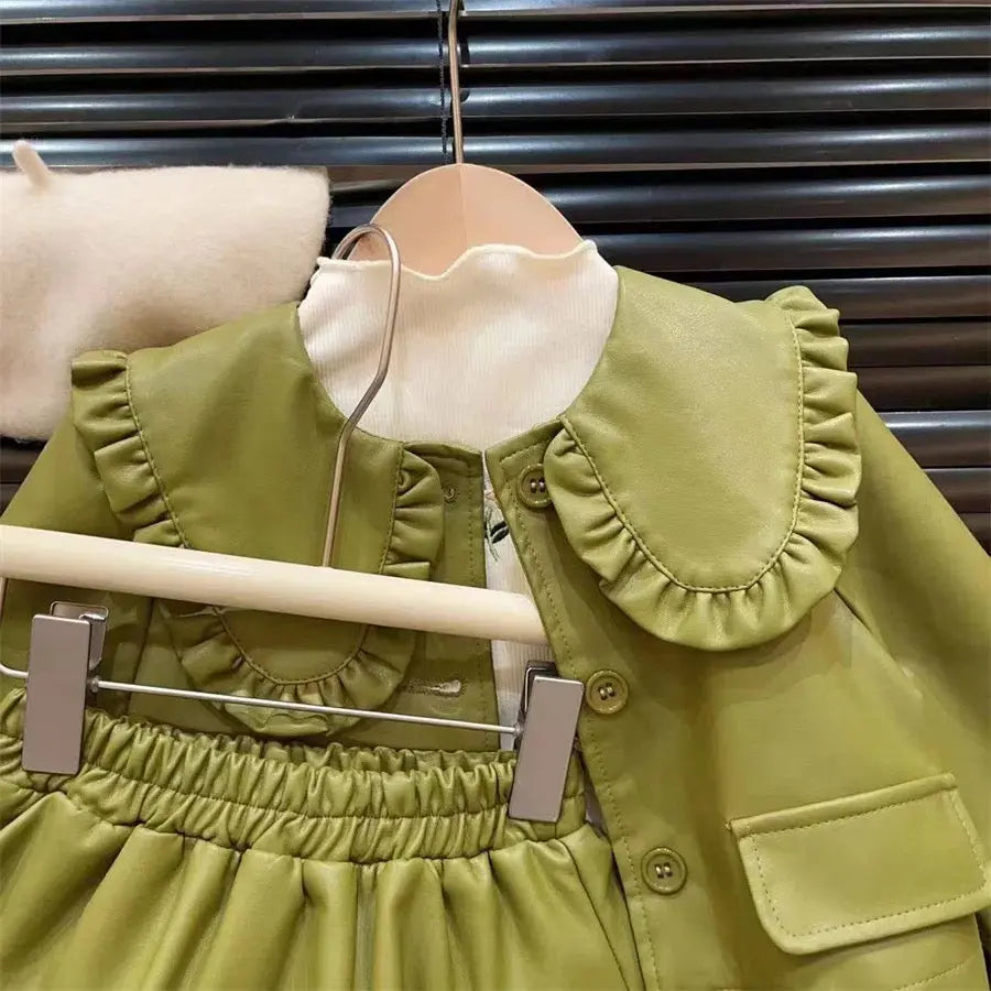 Girls PU Jacket And Skirt 2Pcs Set