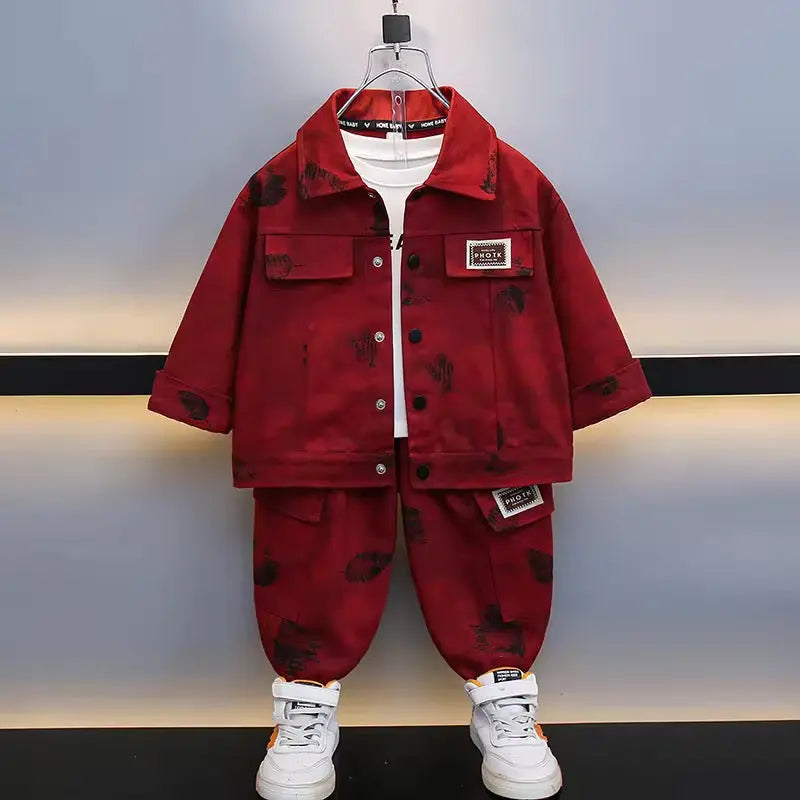 Boys Red Denim-Style Jacket & Jogger Co-ord Set with White Tee