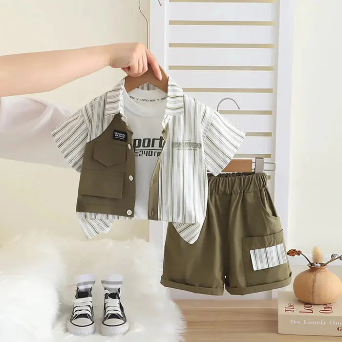 Boys Striped Shirt, Graphic T-shirt And Shorts Set