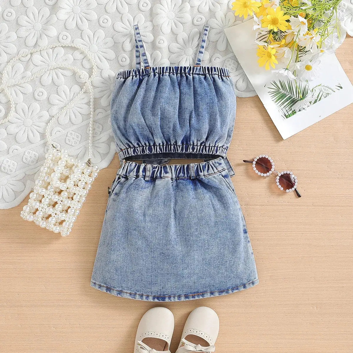Girls Denim Bow Crop Top And Skirt 2 Pcs Set