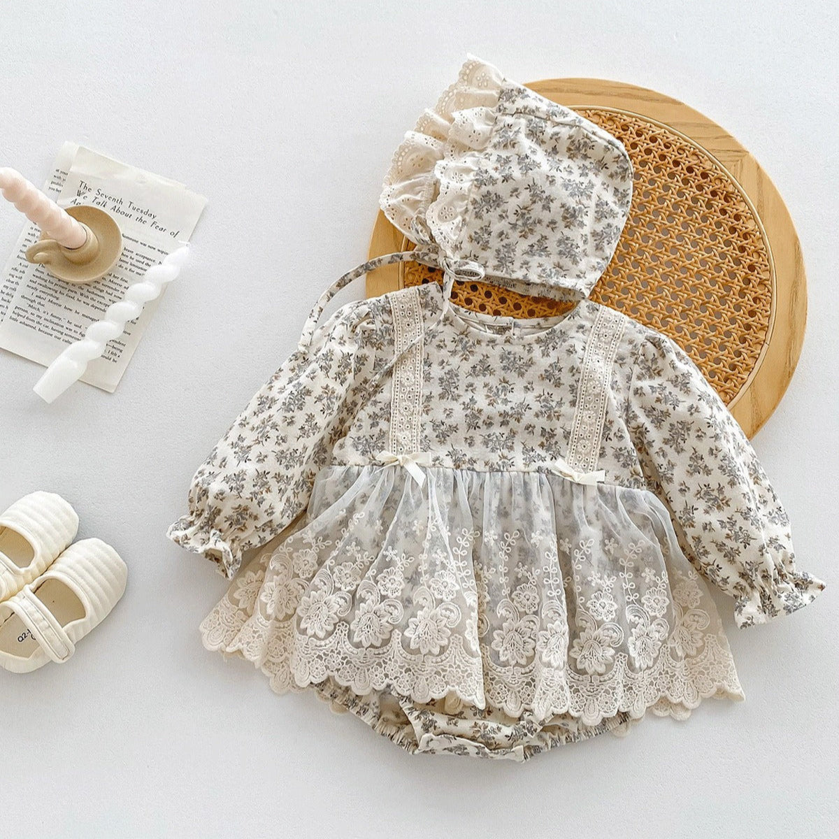 Aurora Baby Girls Vintage Romper Dress With Cap