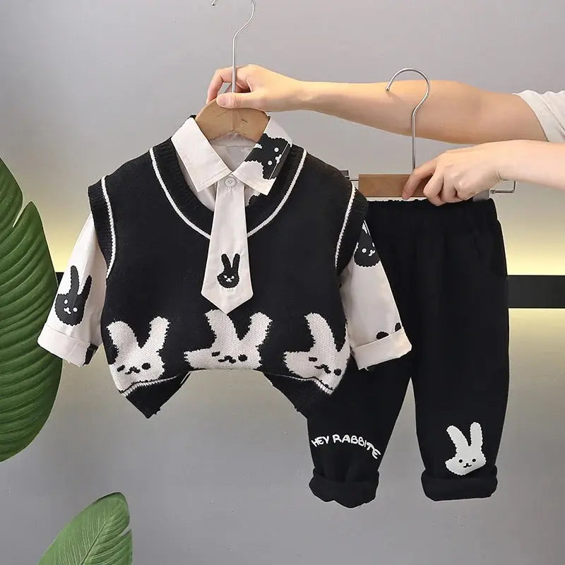 Boys Printed Sweater, Shirt, Jogger And Tie Set