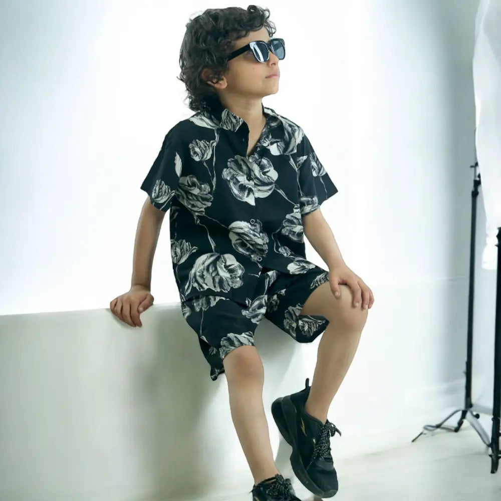 Boys Black Floral Printed Co-ord Set