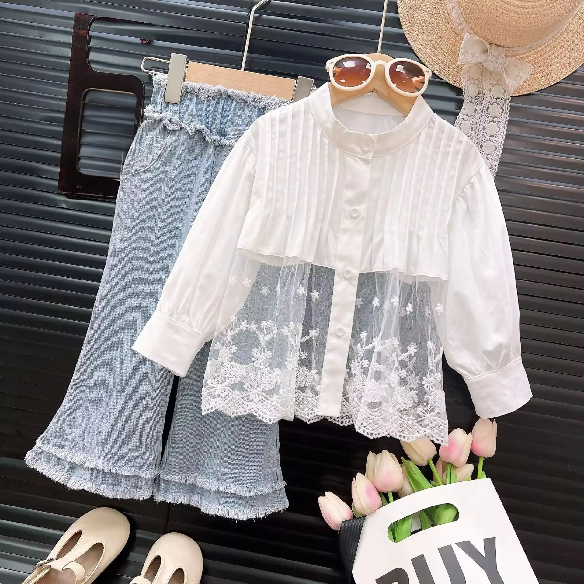 Girls Lace Panel Shirt With Denim Jeans