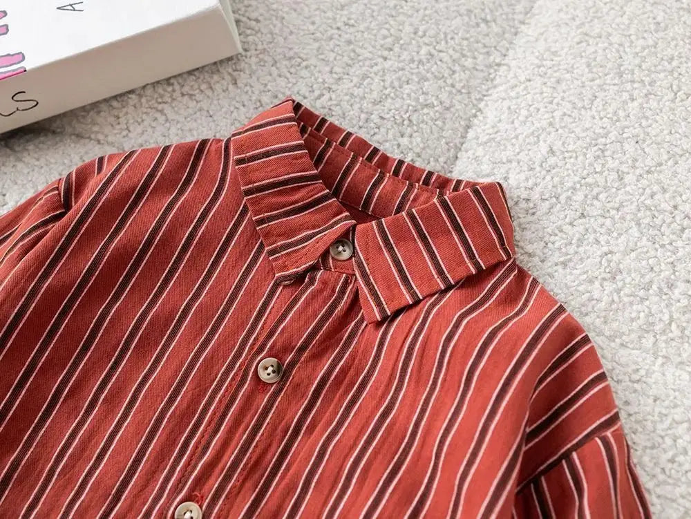 Boys Maroon Striped Shirt With Teddy Attached Coat And Trouser 3 Pcs Set