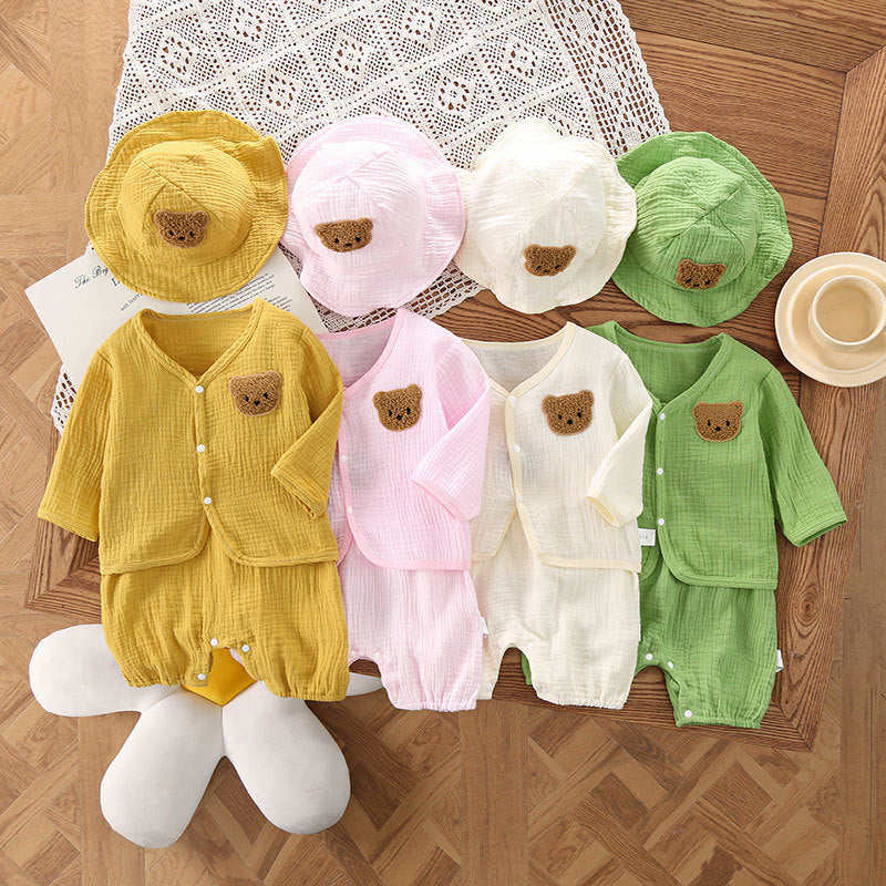 Baby Gauze Sleeveless Romper with Cardigan and Hat - White