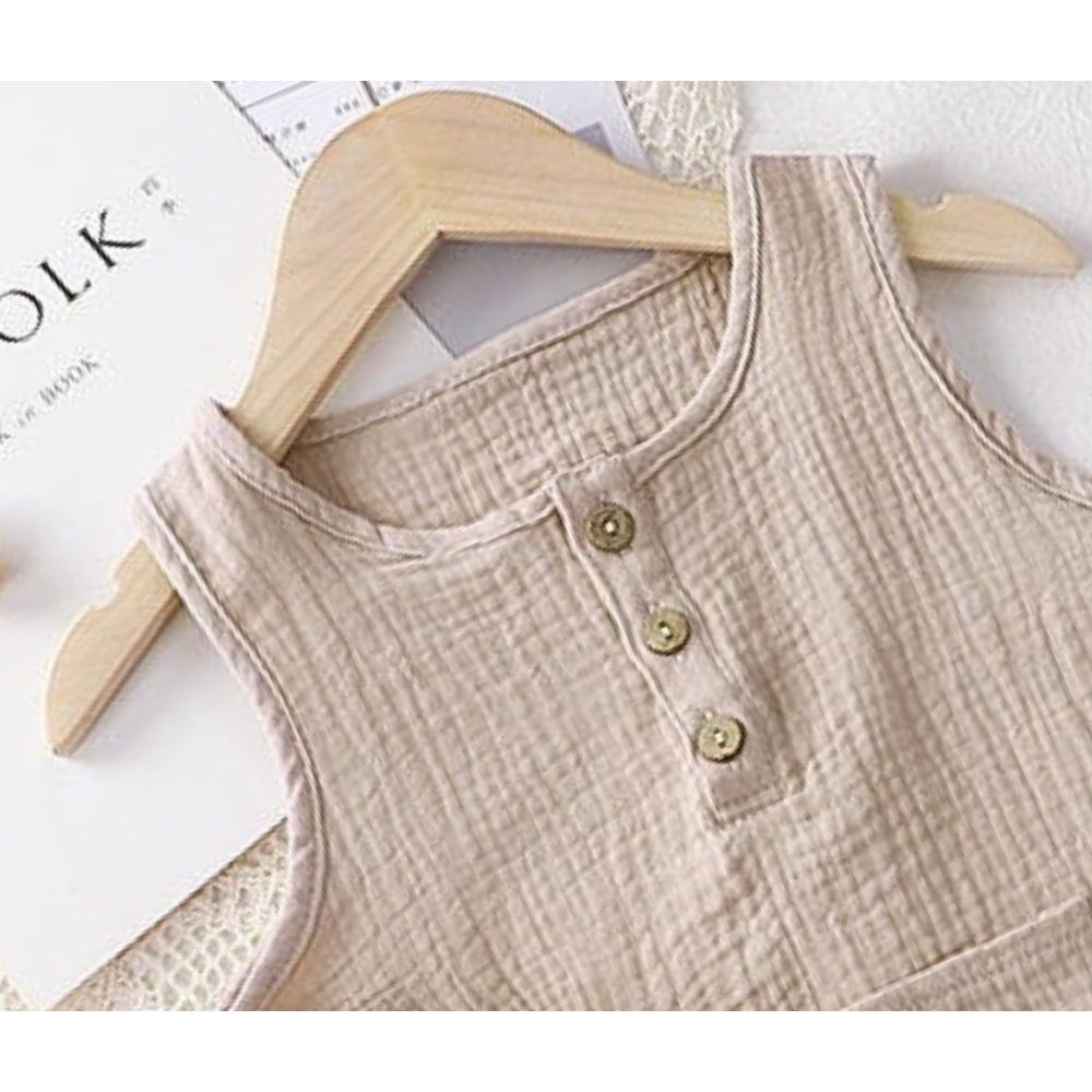 Beige Sleeveless Girls Romper with Hat