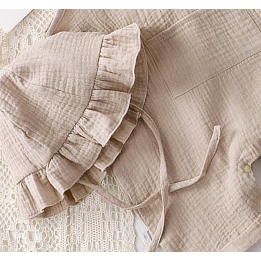 Beige Sleeveless Girls Romper with Hat