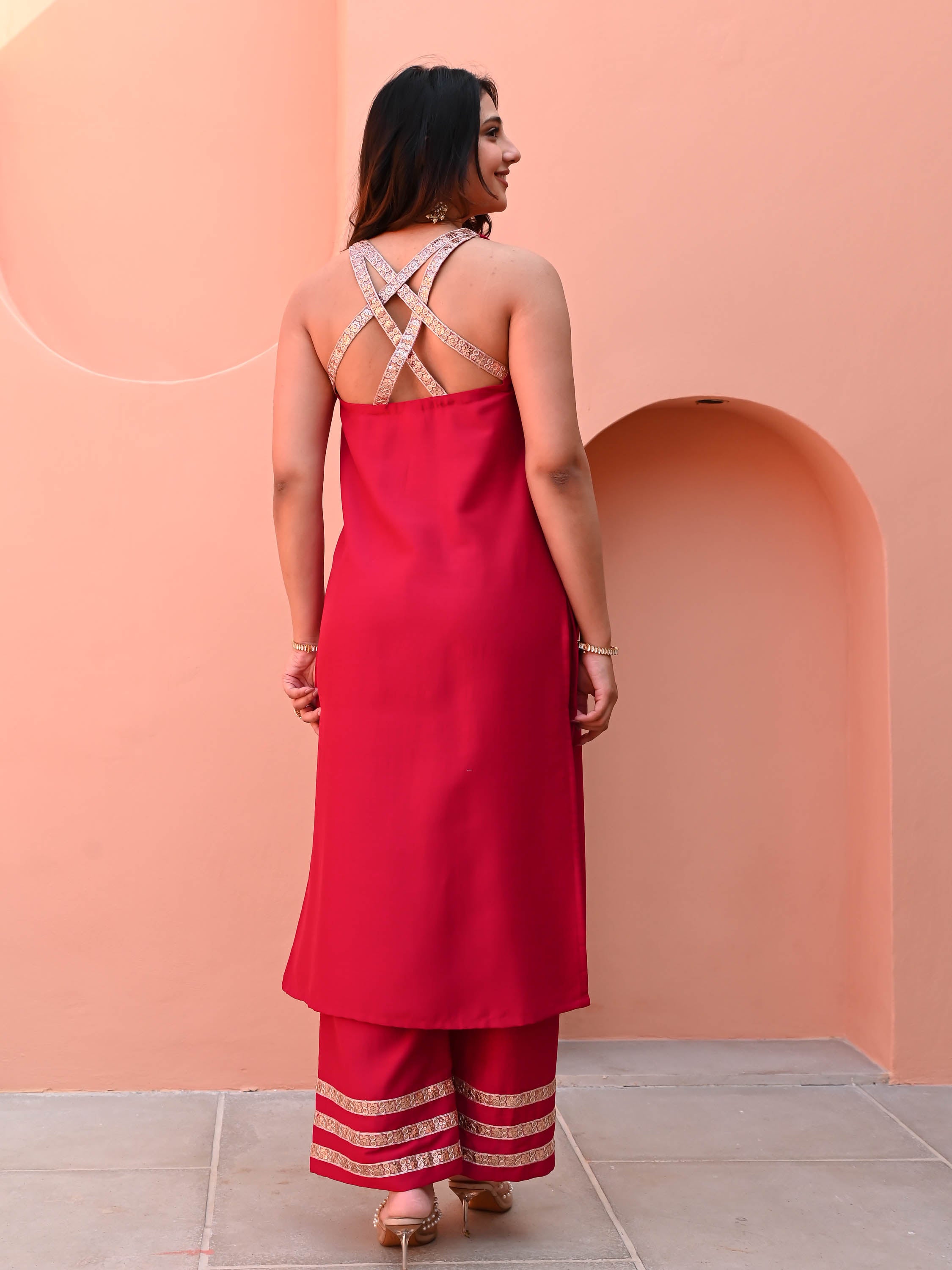 Red Cut Sleeves Kurta Set