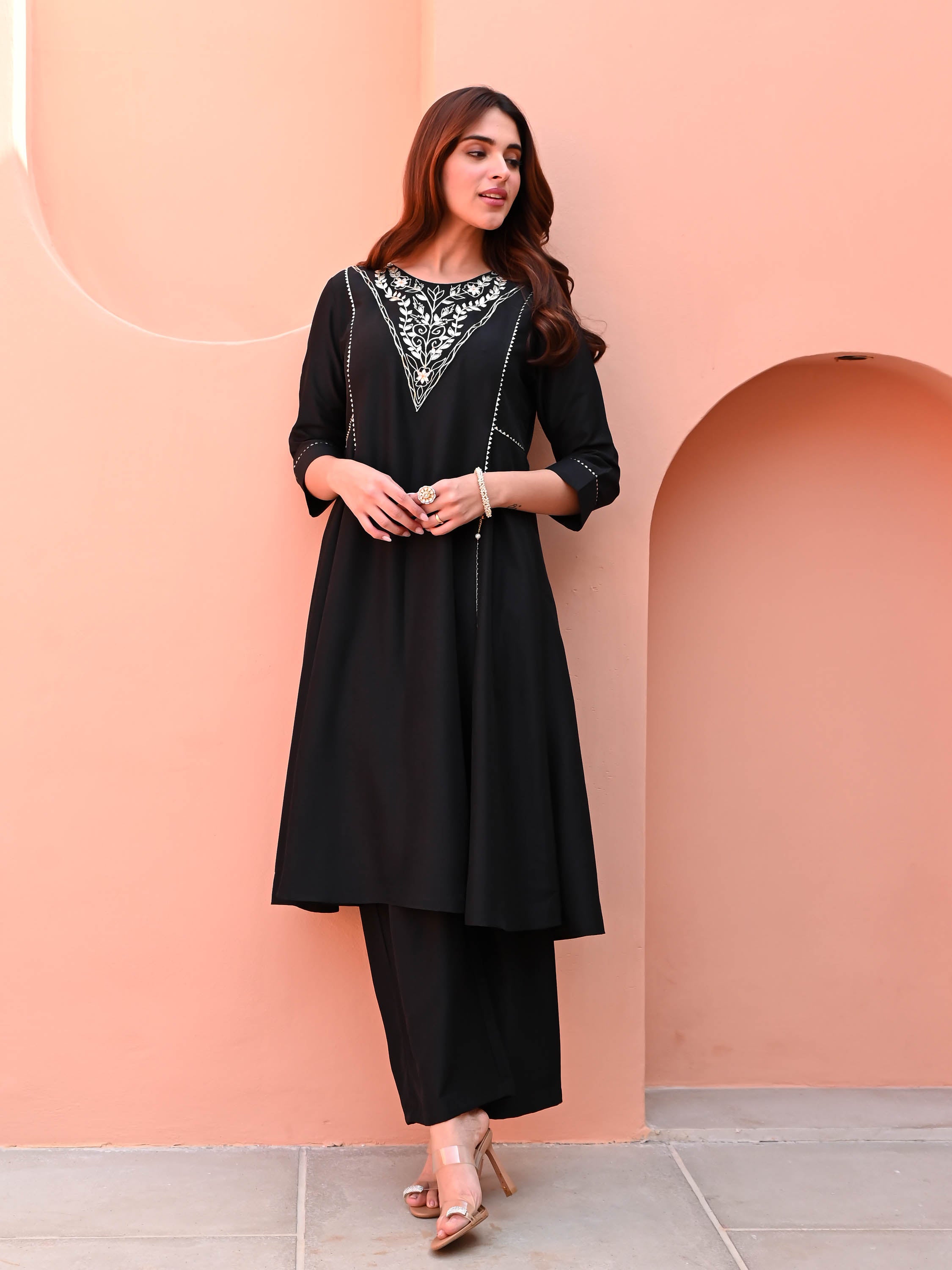 Black Embroidered Silk Kurta Set