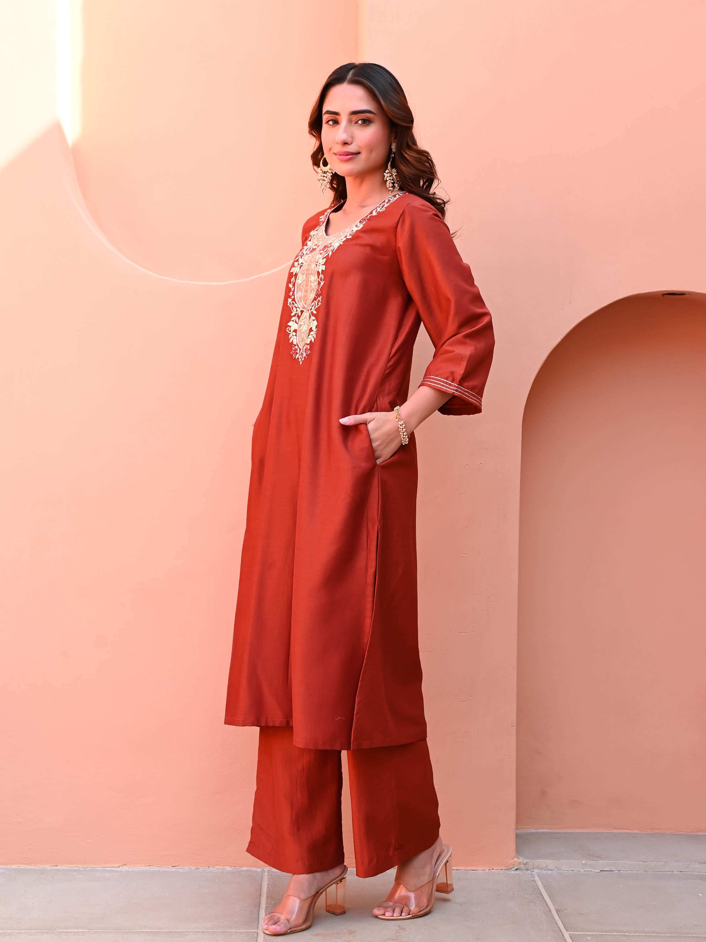 Burnt Orange Silk Kurta Set