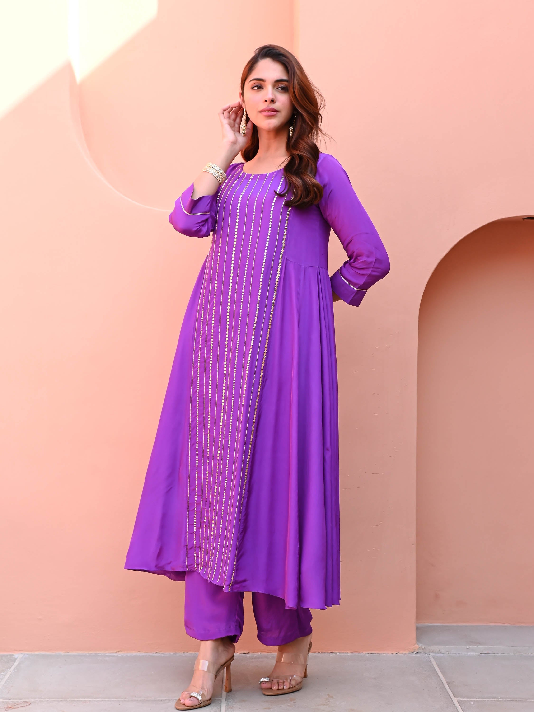 Purple Silk Embroidered Kurta Set