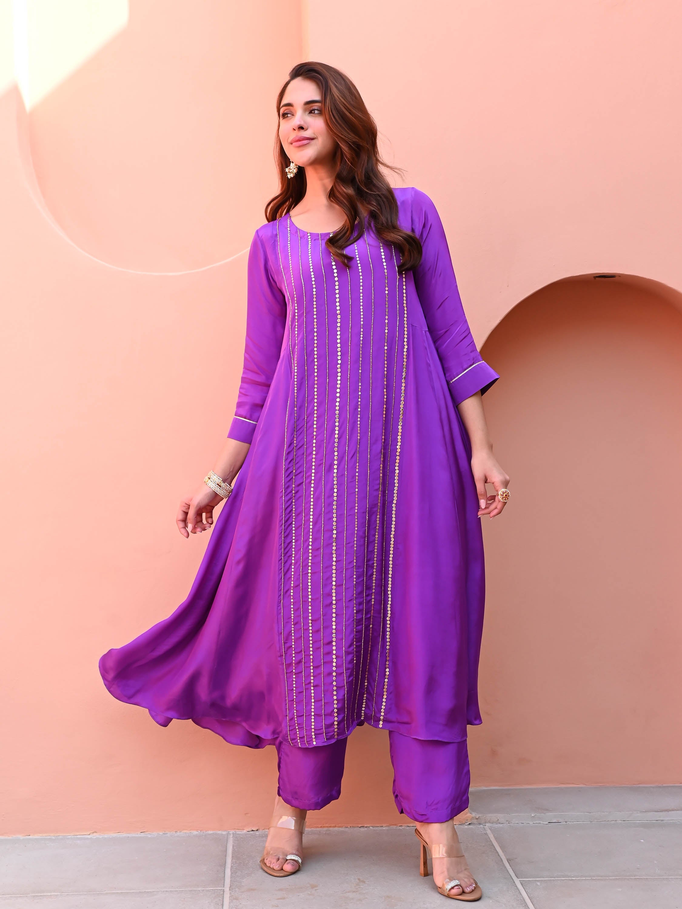 Purple Silk Embroidered Kurta Set