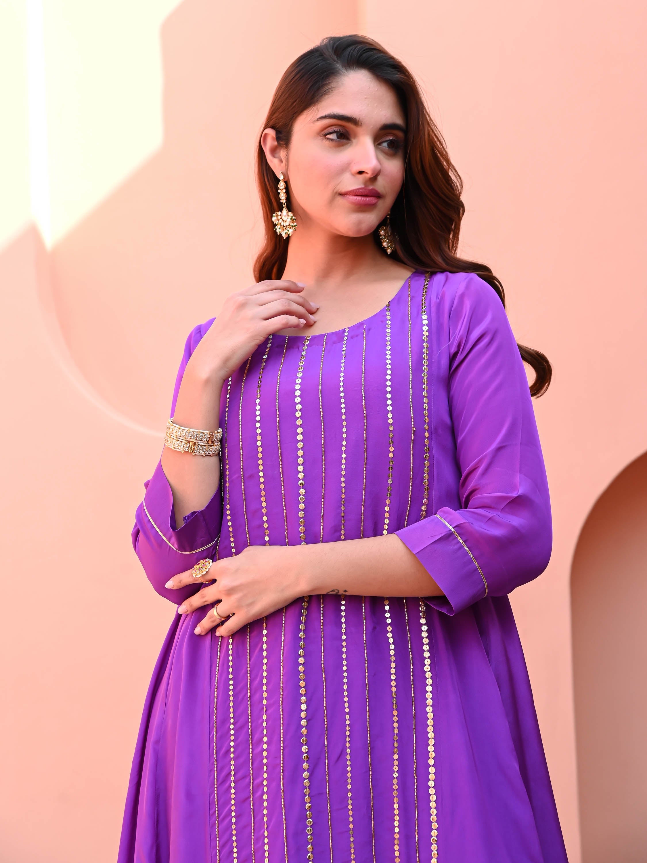 Purple Silk Embroidered Kurta Set