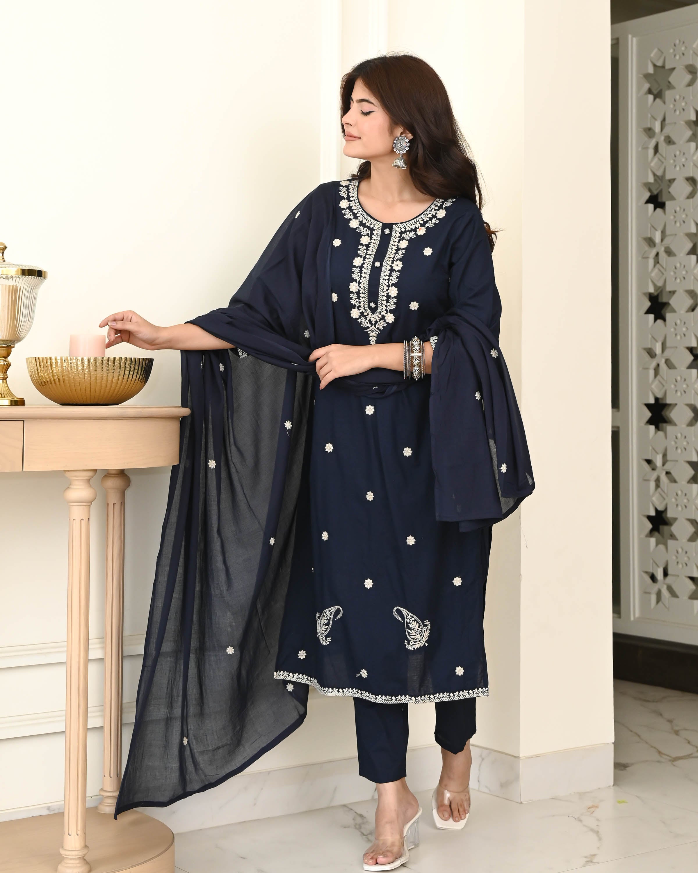 Blue White Embroidered Suit Set