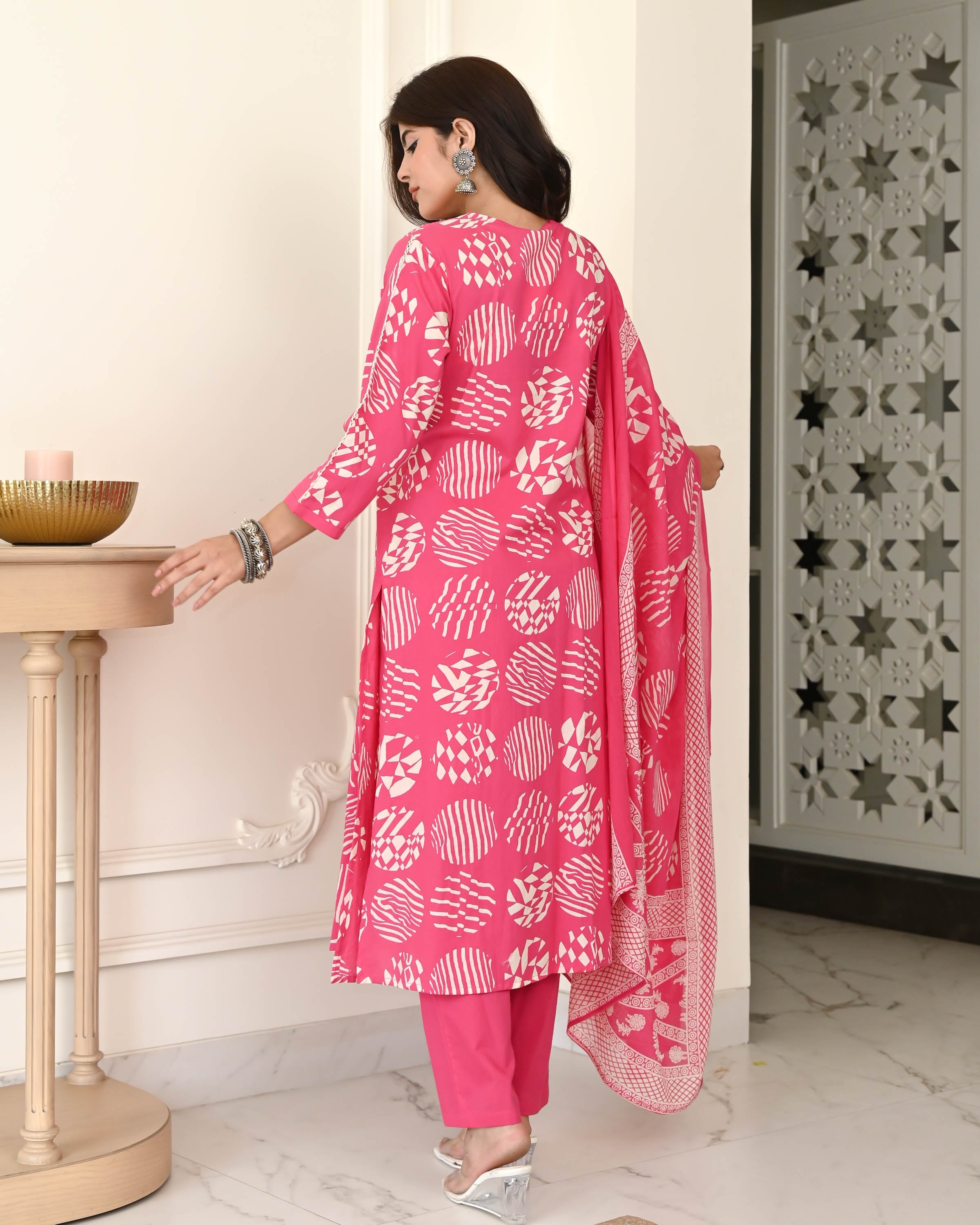 Pink White Handblock Suit Set