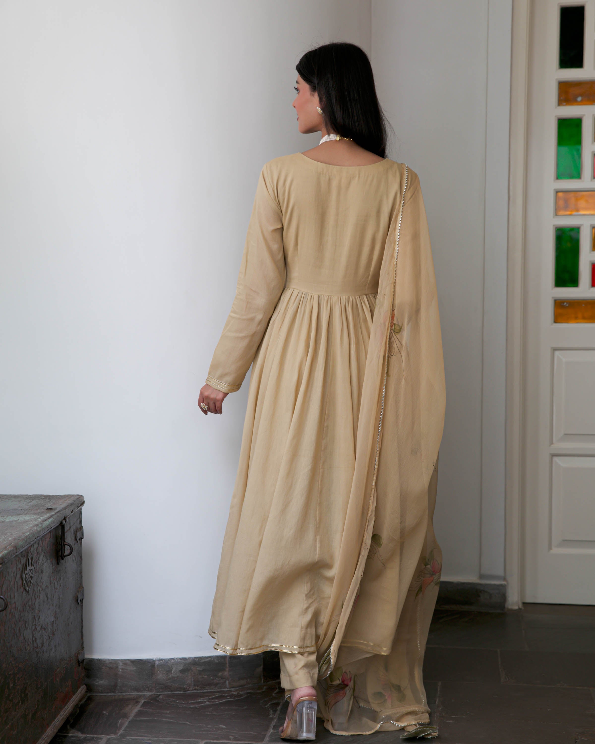 Beige Suit Set with Handpainted Dupatta