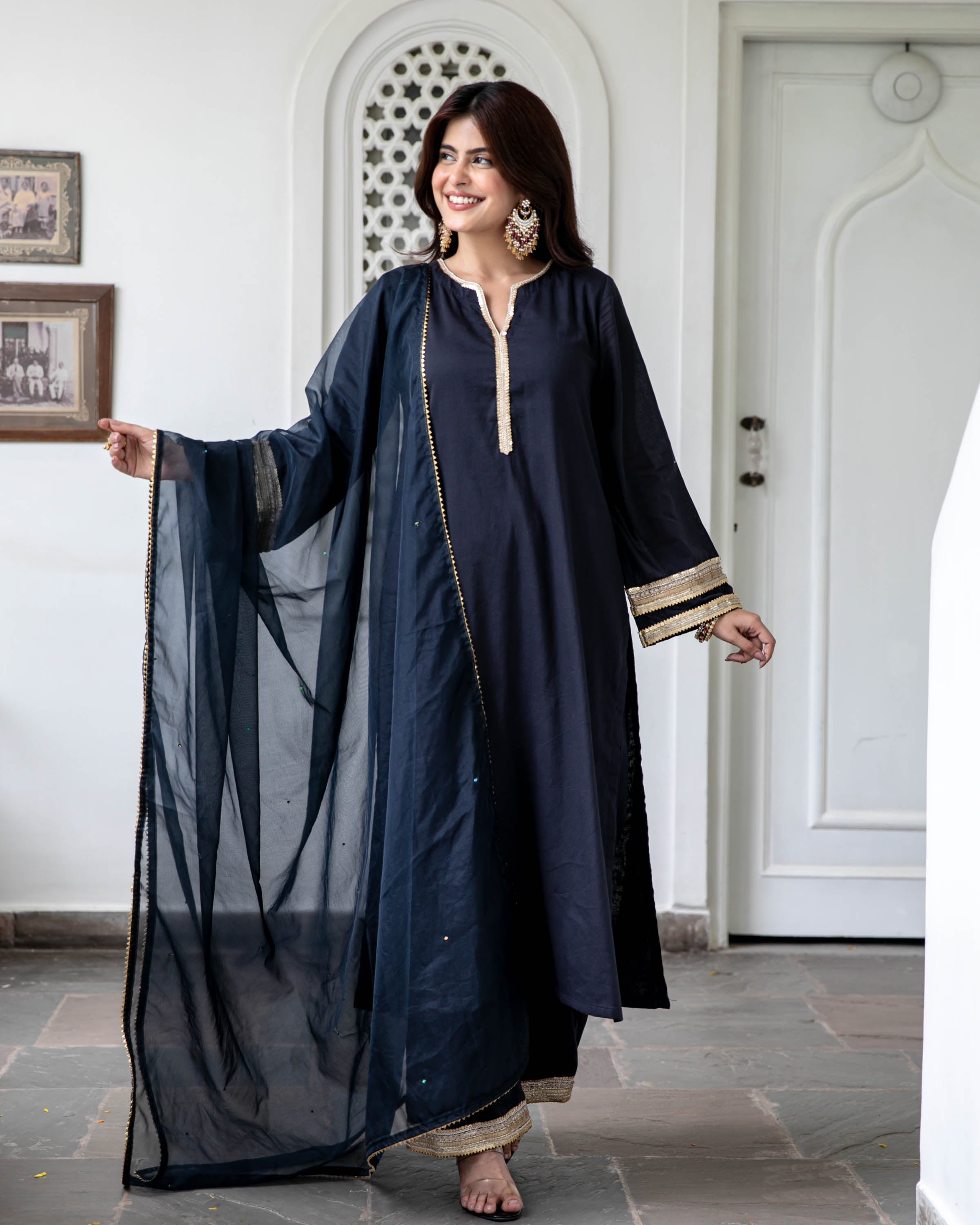 Black Cotton Suit Set with Organza Dupatta
