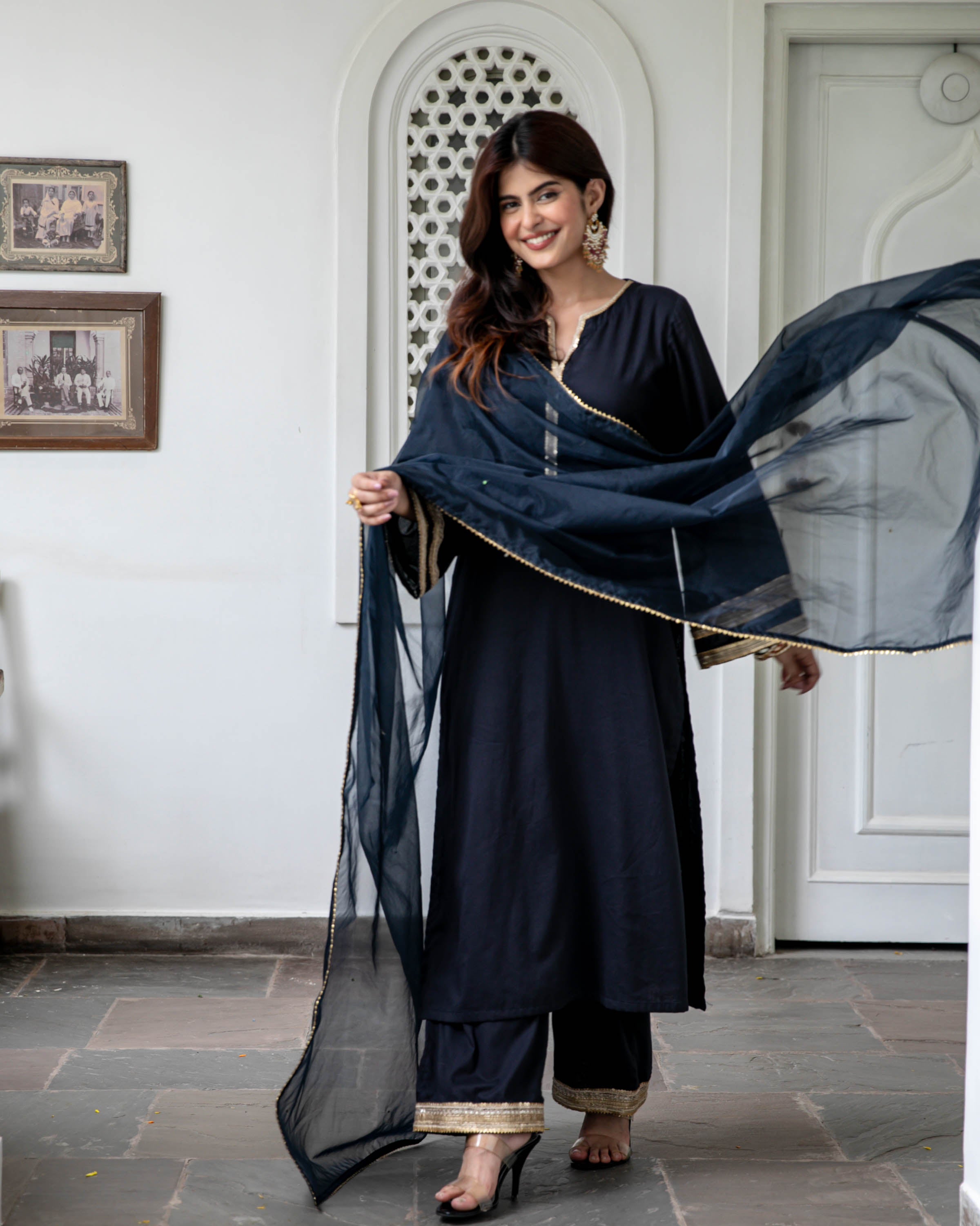 Black Cotton Suit Set with Organza Dupatta