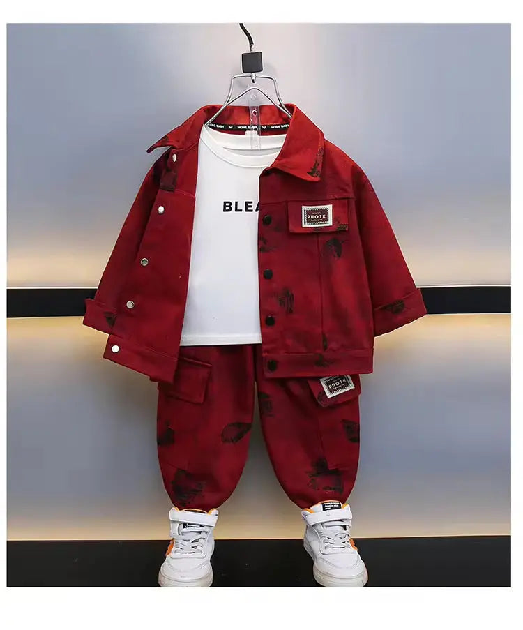 Boys Red Denim-Style Jacket & Jogger Co-ord Set with White Tee
