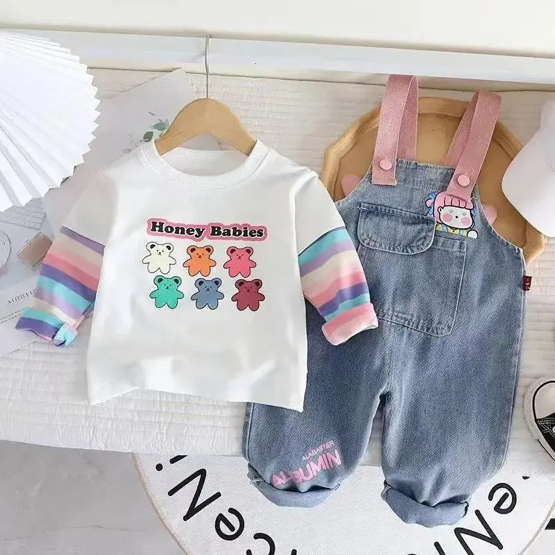 Girls Colorful Striped Dungaree Set