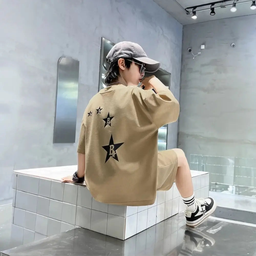 Boys Brown Printed T-Shirt And Shorts 2 pcs Set