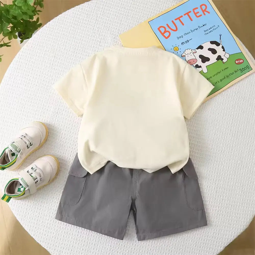 Boys Graphic Tee & Cargo Shorts Set with Waist Pouch