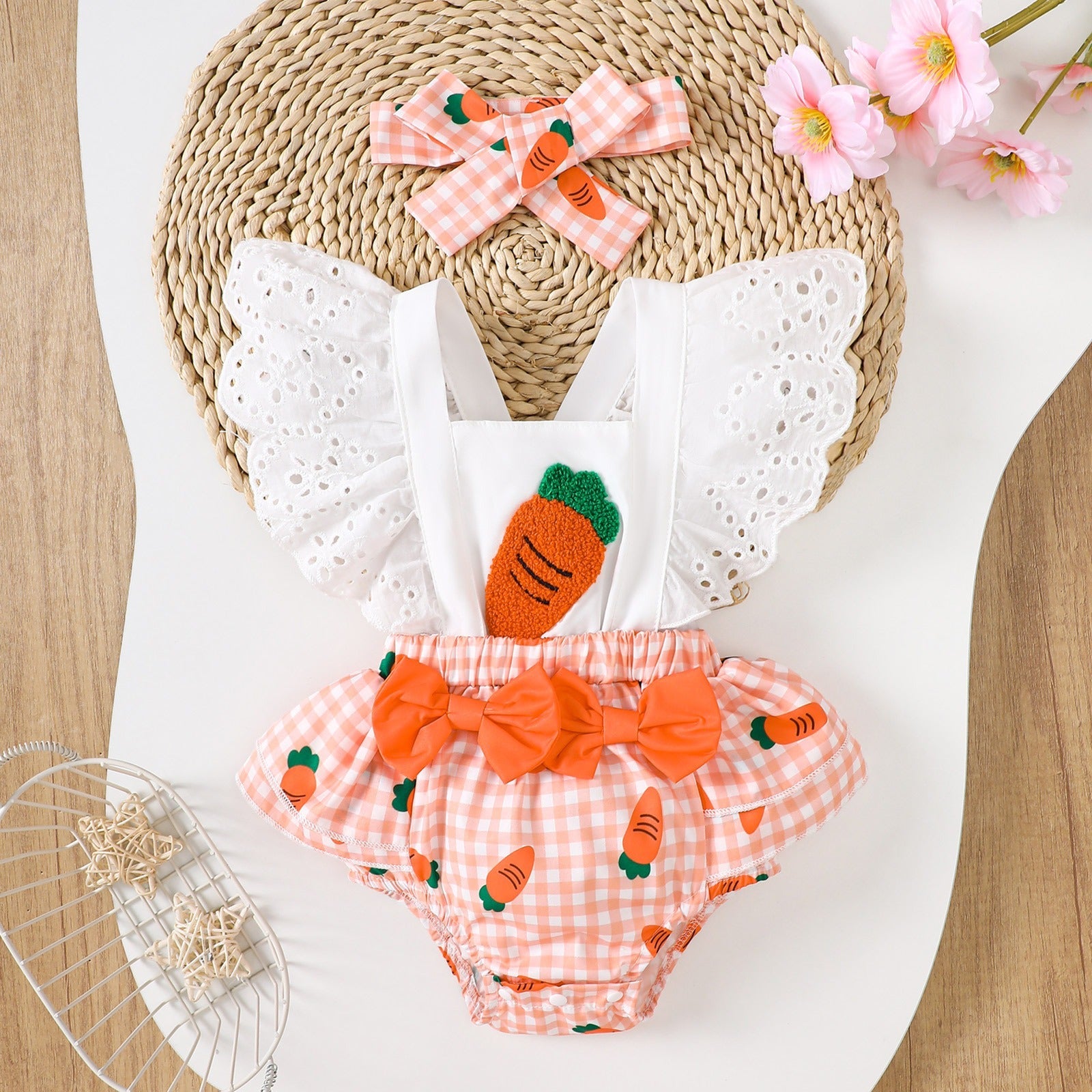 Kyra Carrot Baby Girls Fancy Romper with Headbow